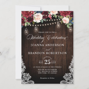 Invitation Bois rustique Bourgogne Floral Mason Jar Mariage I
