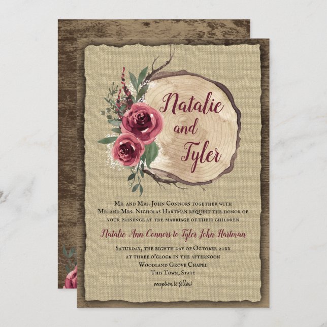 Invitation Bois rustique Bourgogne Floral Tree Slice Mariage (Devant / Derrière)