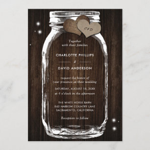 Invitation Bois rustique Burlap Coeurs Mason Jar Mariage