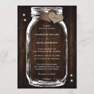 Invitation Bois rustique Burlap Coeurs Mason Jar Mariage