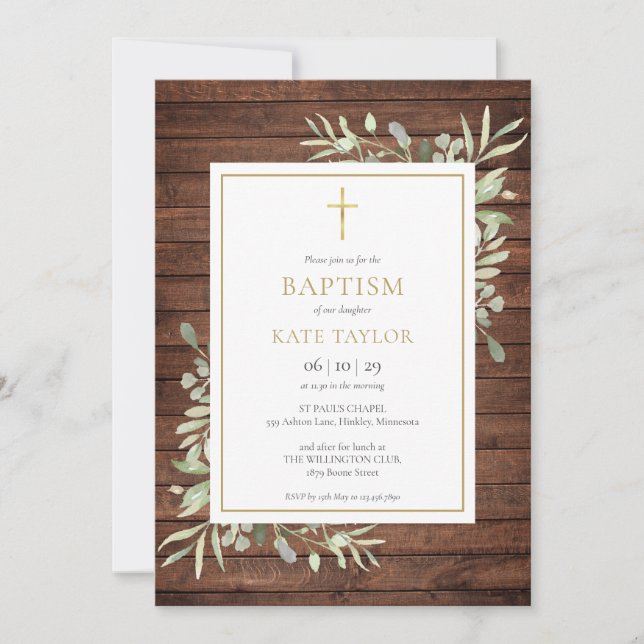 Invitation Bois rustique Campagne verdure Baptême Christening (Devant)