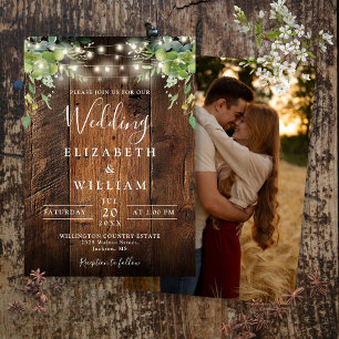 Invitation Bois rustique Chaîne Lumières Verdure Mariage phot
