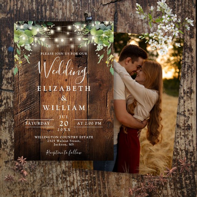 Invitation Bois rustique Chaîne Lumières Verdure Mariage phot (Rustic Wood String Lights Greenery Photo Wedding Invitation)