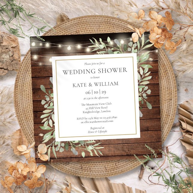 Invitation Bois rustique Chaîne Lumières Wedding shower de ve (Rustic Wood String Lights Greenery Wedding Shower Invitation)