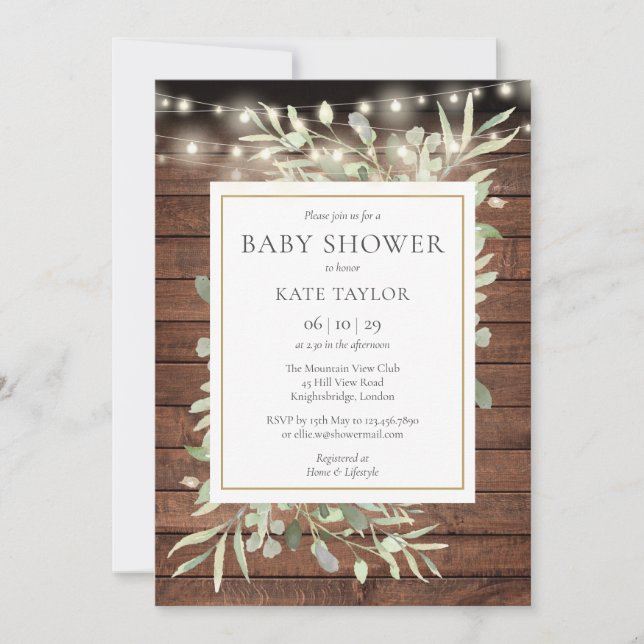 Invitation Bois rustique Chaîne Lumineuses Baby shower verdoy (Devant)