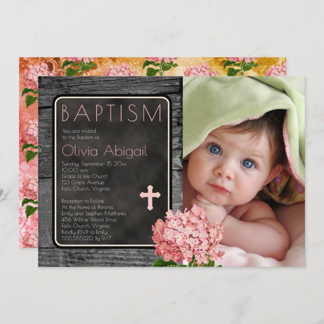 Invitation Bois rustique | Chalkboard Floral Photo Baptême (Devant / Derrière)