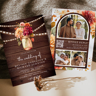 Invitation Bois rustique Dahlia Mason Jar QR Code Mariage