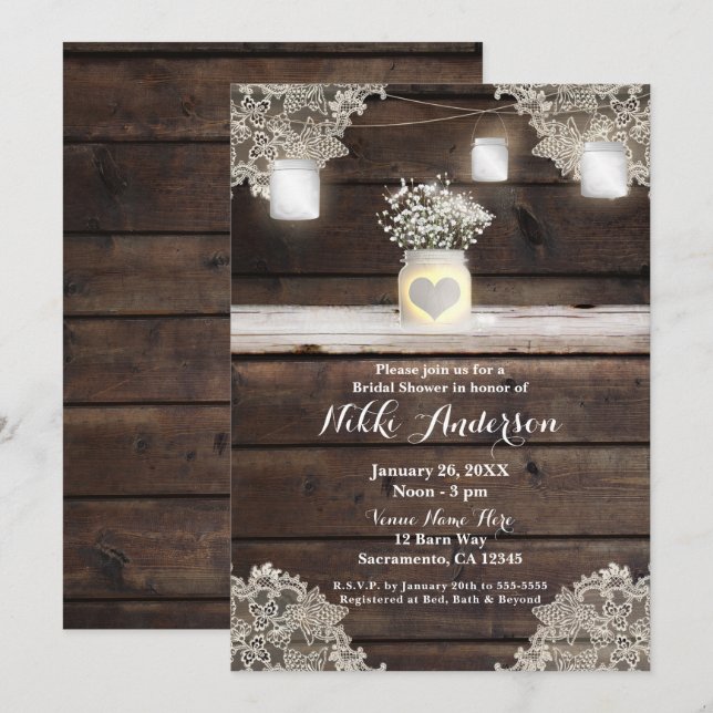 Invitation Bois rustique, dentelle et douche de mariée de gra (Devant / Derrière)