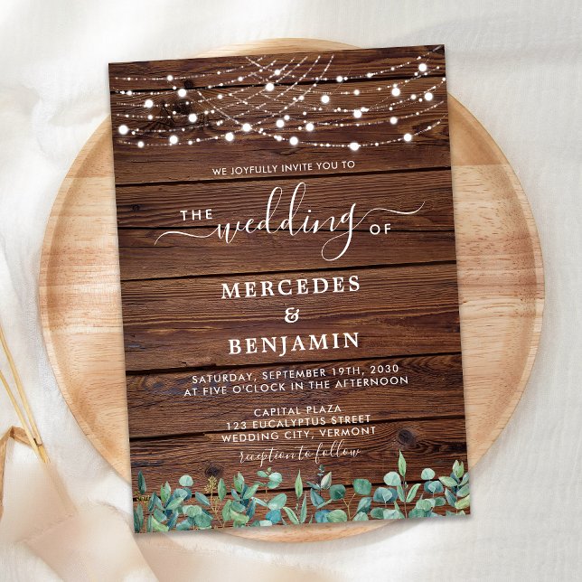 Invitation Bois rustique éclaire le Mariage Eucalyptus (Créateur téléchargé)