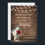 Invitation Bois rustique éclaire le Mariage Floral Bourgogne<br><div class="desc">Lumières rustiques à cordes de pays et bocal de maçon avec bordeaux, rouge, Marsala, marron, ivoire, bouquet floral couleur rousse et feuilles d'eucalyptus sur arrière - plan de bois nous faisons faire-part de mariage. Veuillez me contacter pour toute aide sur la personnalisation ou si vous avez besoin d'un autre produit...</div>