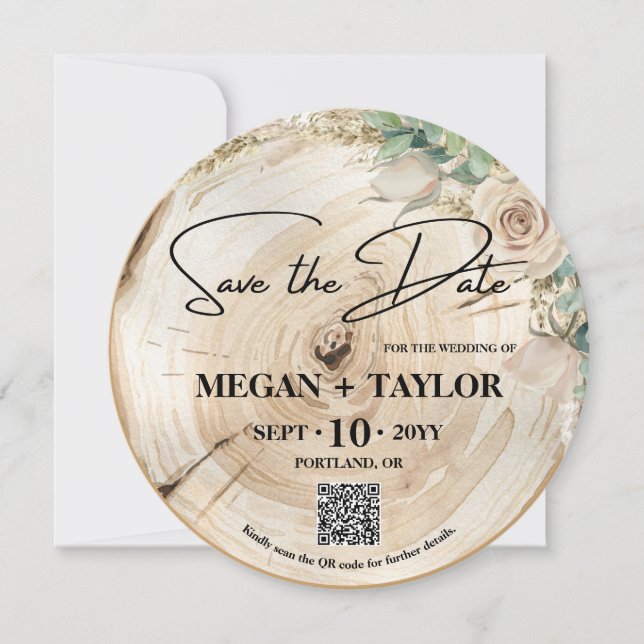 Invitation Bois rustique Enregistrer la date Photo Mariage QR (Devant)
