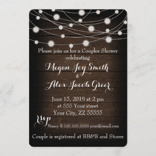Invitation Bois rustique et cordon lumineux Couples Douche