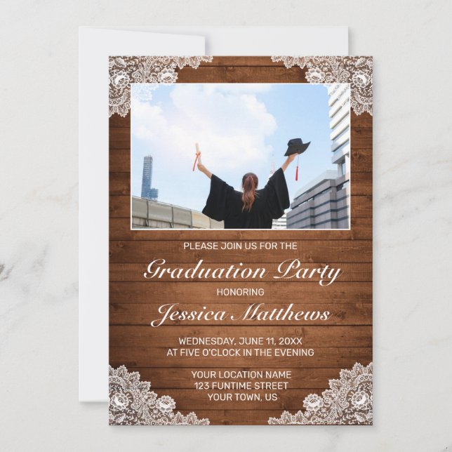 Invitation Bois rustique et dentelle blanche Diplôme photo (Devant)
