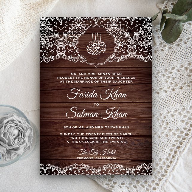 Invitation Bois rustique et dentelle blanche Mariage musulman (Créateur téléchargé)