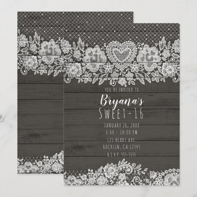 Invitation Bois rustique et dentelle blanche pour un annivers (Devant / Derrière)