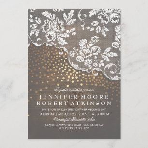 Invitation Bois rustique et dentelle or Confetti Mariage élég