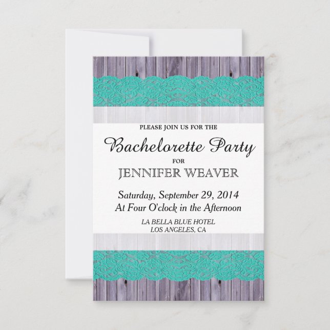 Invitation Bois rustique et dentelle Turquoise (Devant)