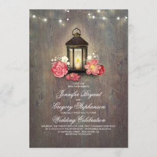 Invitation Bois rustique et feux de lanterne fleurie Mariage