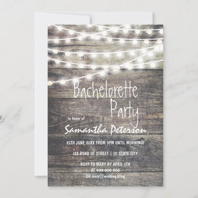 Invitation Bois rustique et lumières à cordes bachelorette (Devant)