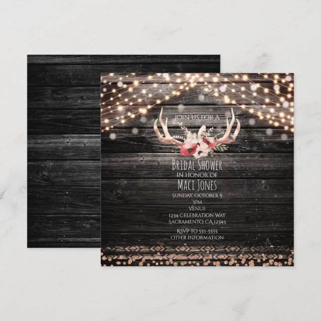 Invitation Bois rustique et lumières Floral Antlers Invitatio (Devant / Derrière)