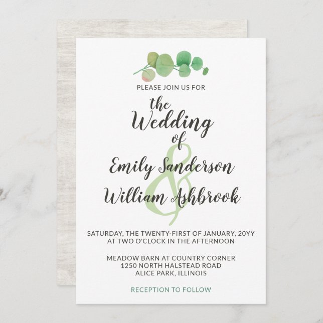 Invitation Bois rustique et Mariage botanique feuille d'eucal (Devant / Derrière)