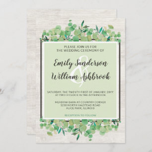 Invitation Bois rustique et Mariage botanique feuille d'eucal