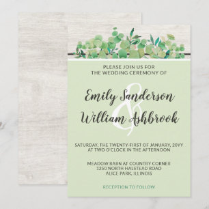 Invitation Bois rustique et Mariage botanique feuille d'eucal