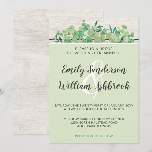 Invitation Bois rustique et Mariage botanique feuille d'eucal (Devant / Derrière)