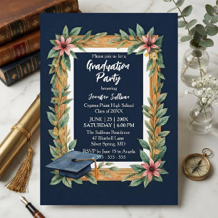 Invitation Bois rustique et photo florale bleue marine pour l