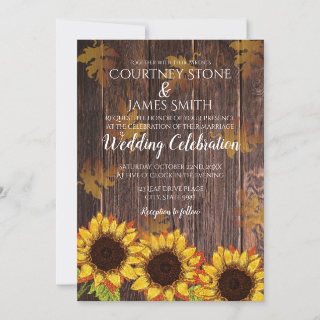 Invitation Bois rustique et tournesol | MARIAGE DE AUTOMNE (Devant)