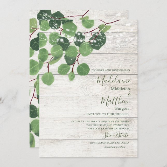 Invitation Bois Rustique Eucalyptus Feuille Simple Mariage (Devant / Derrière)