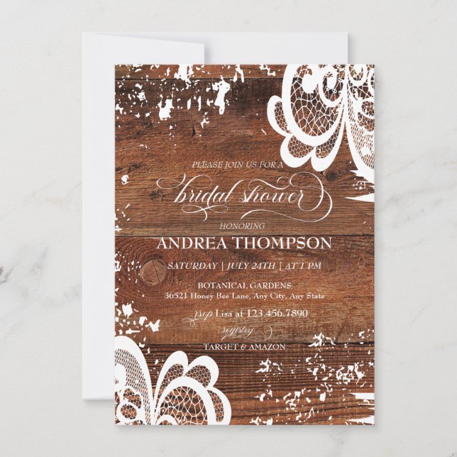 Invitation Bois rustique | Fête des mariées dentelle (Devant)