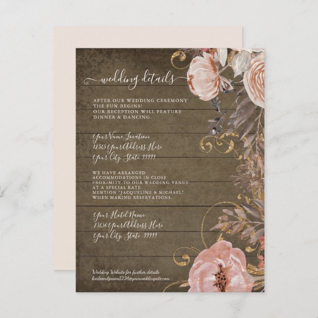 Invitation Bois rustique Floral Blush Rose Gold Détails Maria (Devant / Derrière)