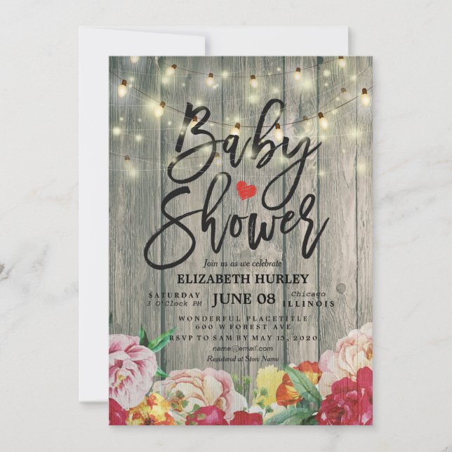 Invitation Bois rustique Floral Chic String Baby shower (Devant)