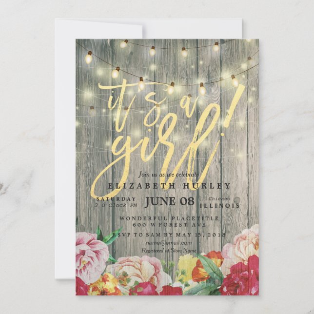 Invitation Bois rustique Floral Chic String Baby shower (Devant)