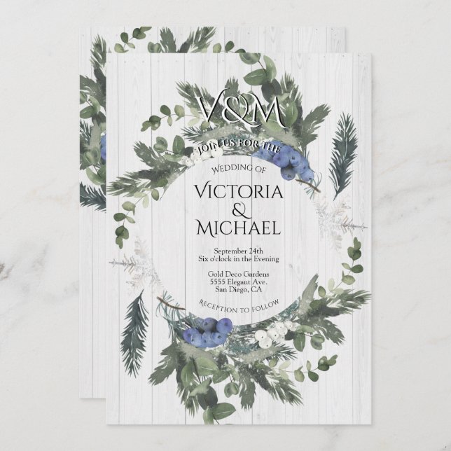 Invitation Bois rustique Floral & Pine Mariage d'hiver (Devant / Derrière)