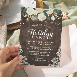 Invitation Bois Rustique Floral String Lights Fête de vacance