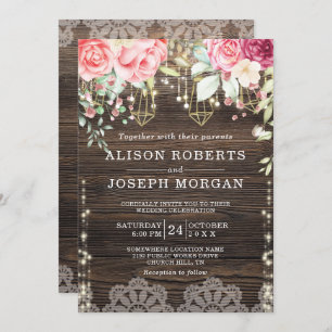 Invitation Bois rustique Floral String lumières Mariage