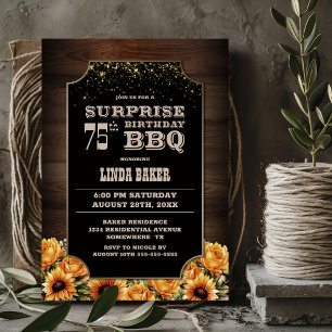 Invitation Bois rustique Floral Surprise 75e anniversaire BBQ