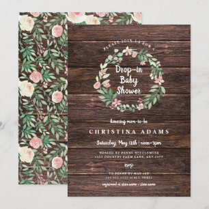 Invitation Bois rustique Flore goutte dans fille baby shower
