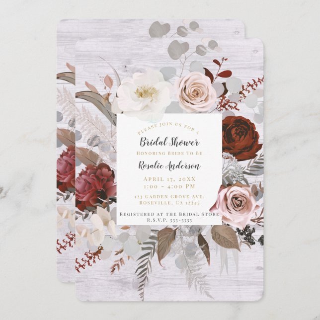 Invitation Bois rustique Flores Blush Gris Fête des mariées (Devant / Derrière)