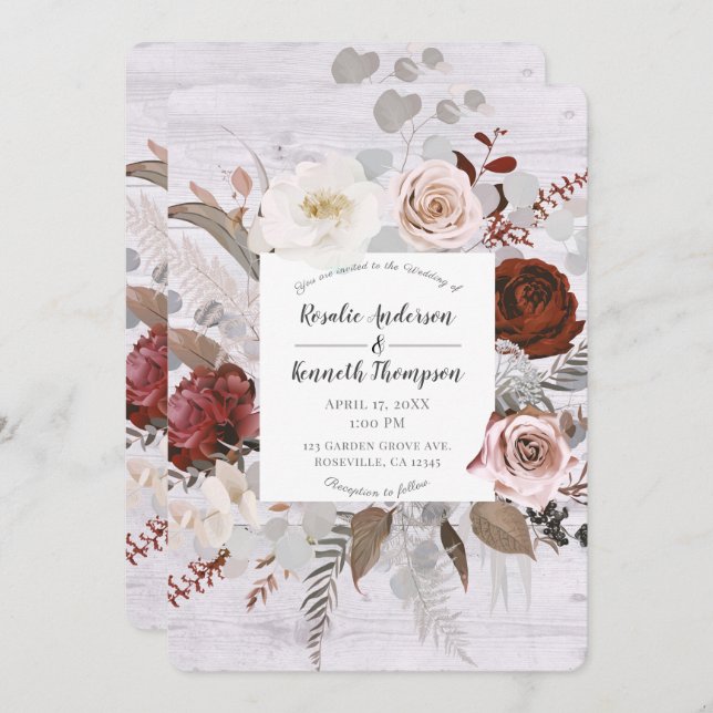Invitation Bois rustique Flores Blush Gris Rouge Mariage (Devant / Derrière)