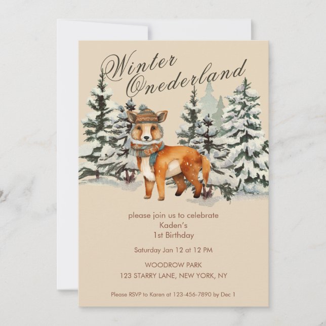 Invitation Bois rustique Fox Hiver Onederland (Devant)