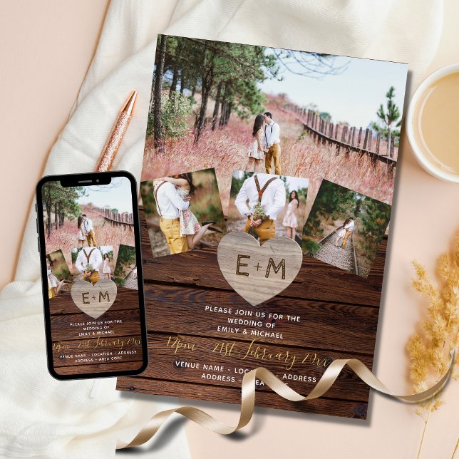 Invitation Bois rustique gravé Coeur Mariages (Créateur téléchargé)