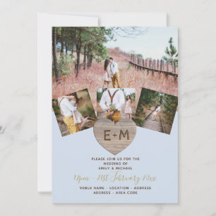Invitation Bois rustique gravé Coeur PHOTO COLLAGE Invitati