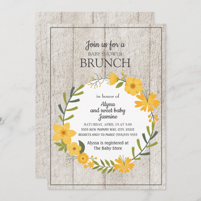 Invitation Bois rustique Jaune Baby shower Floral Brunch (Devant / Derrière)