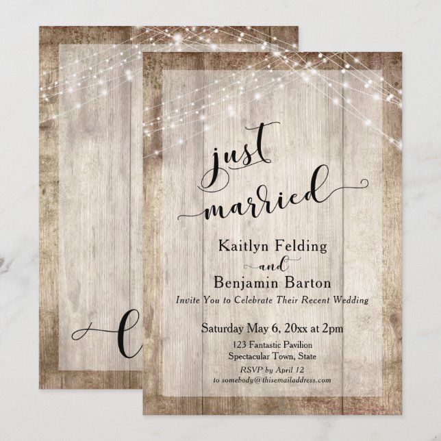 Invitation Bois rustique & lumières, Mariés aujourd'hui, Réce (Devant / Derrière)