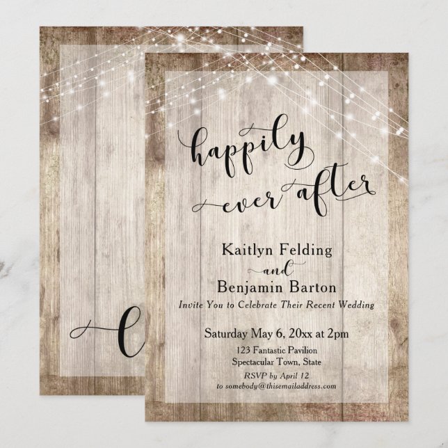 Invitation Bois Rustique & Lumières Réception de Mariage Heur (Devant / Derrière)