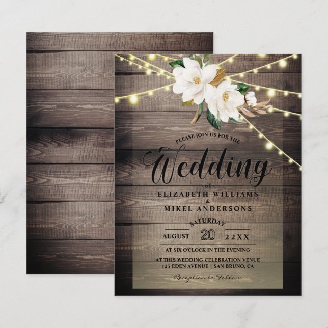 Invitation Bois rustique Lumières String & Floral mariage bla (Devant / Derrière)