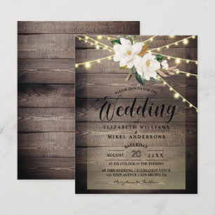 Invitation Bois rustique Lumières String & Floral mariage bla